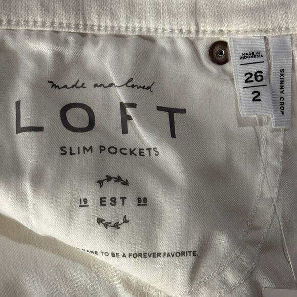 LOFT SZ 26/2 Skinny Crop Jeans Mid-Rise Stretch Frayed Hems Pocket Zip-Fly White - Picture 10 of 12
